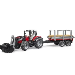 Bruder Tractor Massey Ferguson 7480 Met Houttransport Aanhanger