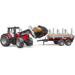 Bruder Tractor Massey Ferguson 7480 Met Houttransport Aanhanger
