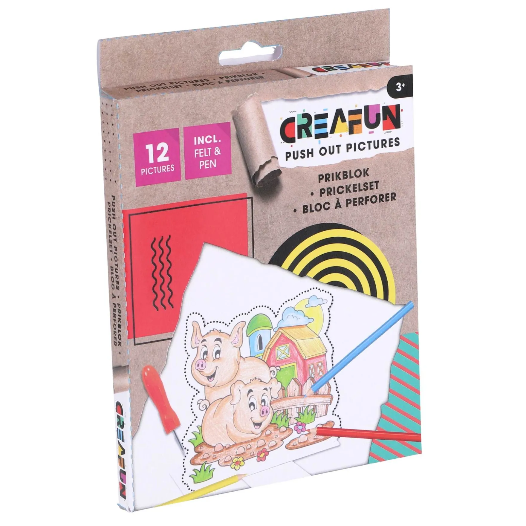 Creafun prikblok met prikpen en 12 sjablonen boerderij