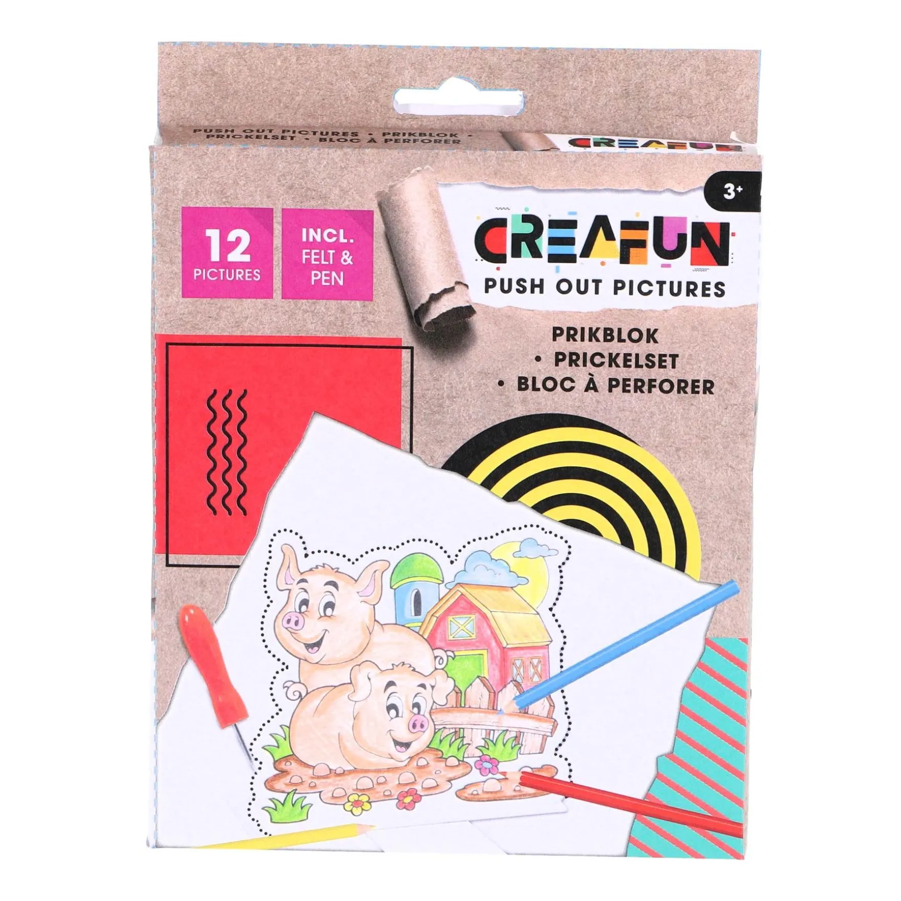 Creafun prikblok met prikpen en 12 sjablonen boerderij