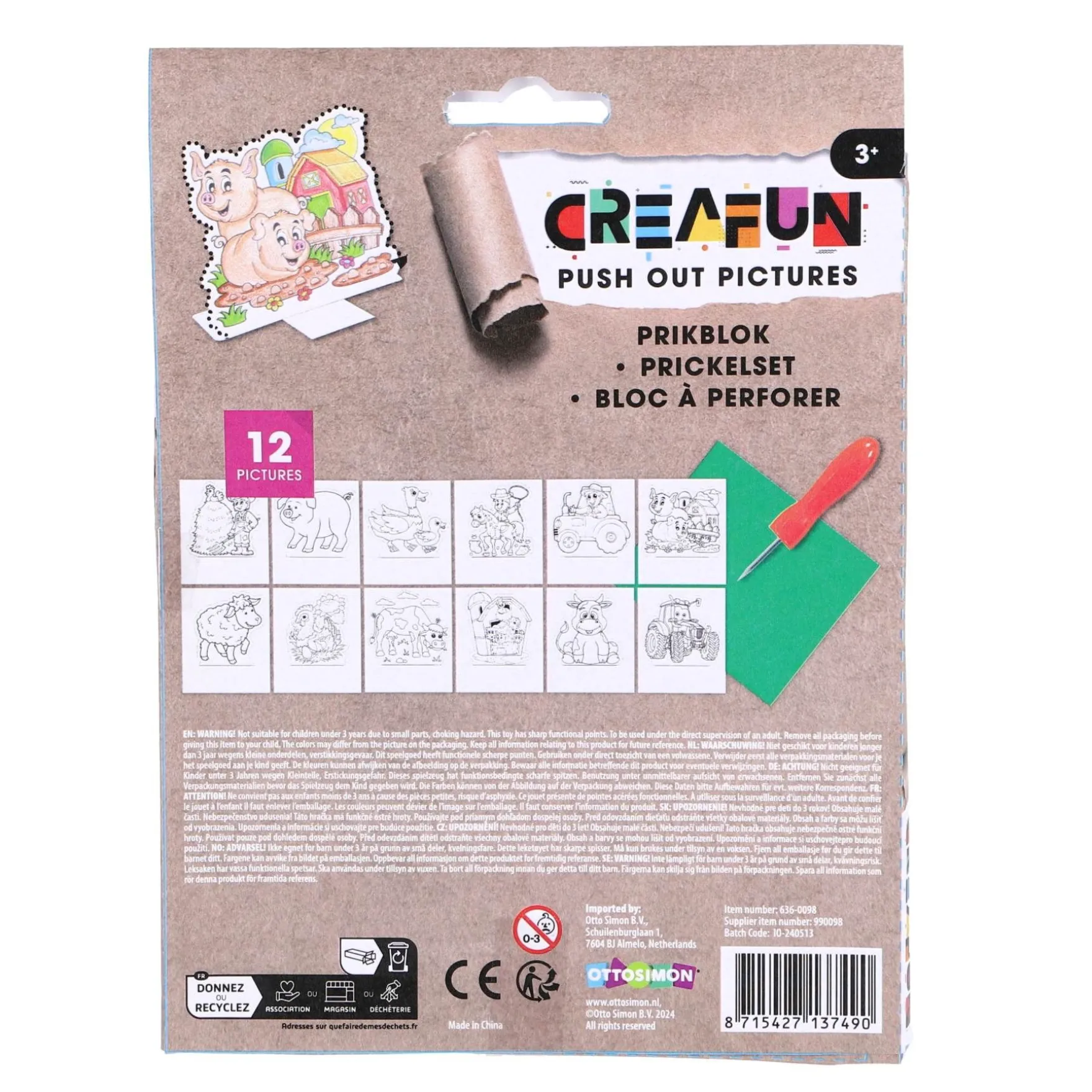 Creafun prikblok met prikpen en 12 sjablonen boerderij