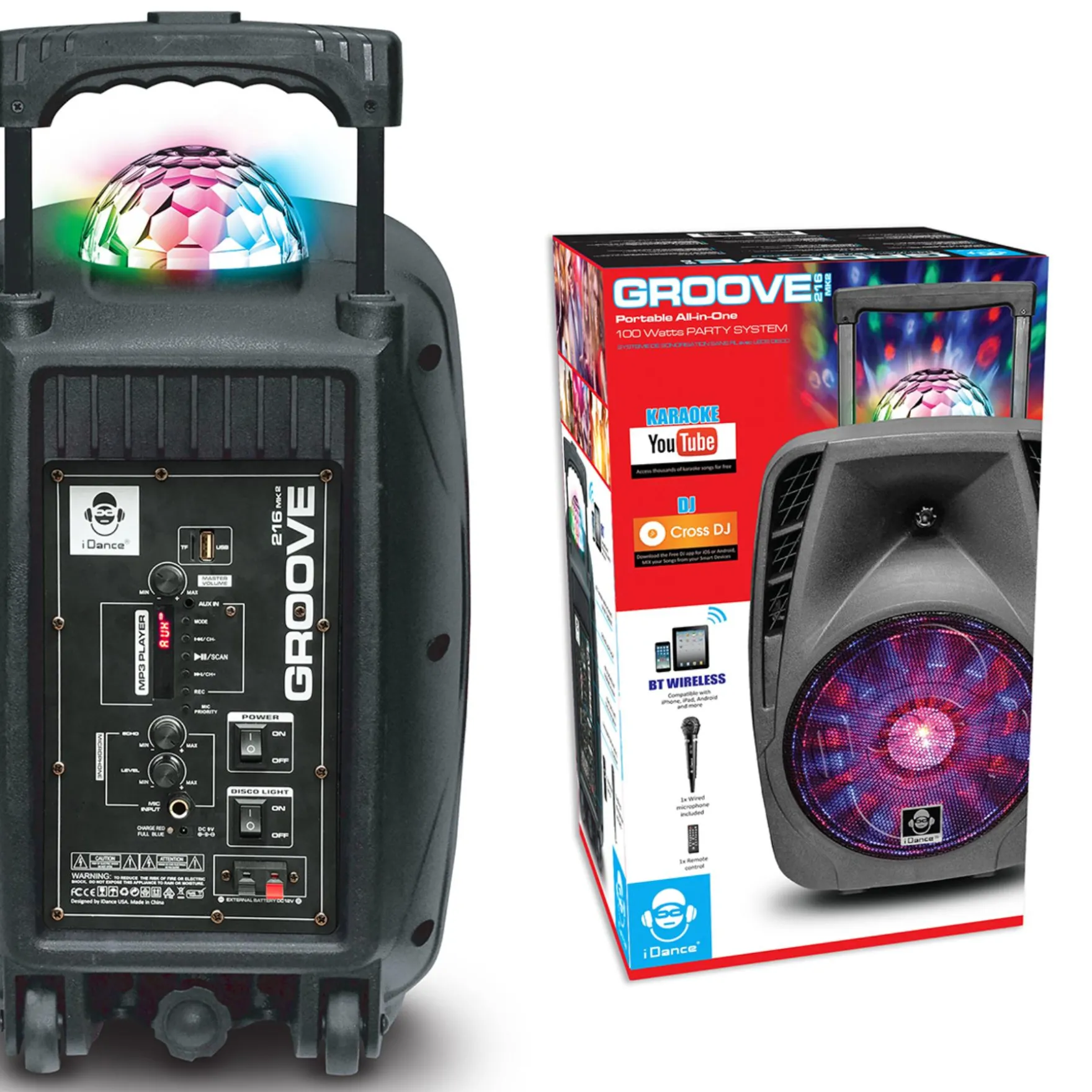 Idance boombox met licht en wielen en Micro