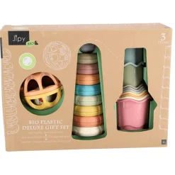 Jipy bioplastic Deluxe Giftset stapeltoren bad  stapelbekertjes en speel ratelbal 3 delig