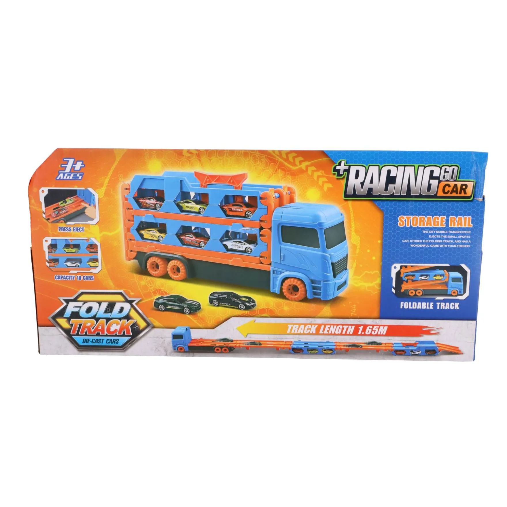 Pop-up auto transporter met 2 metal auto's