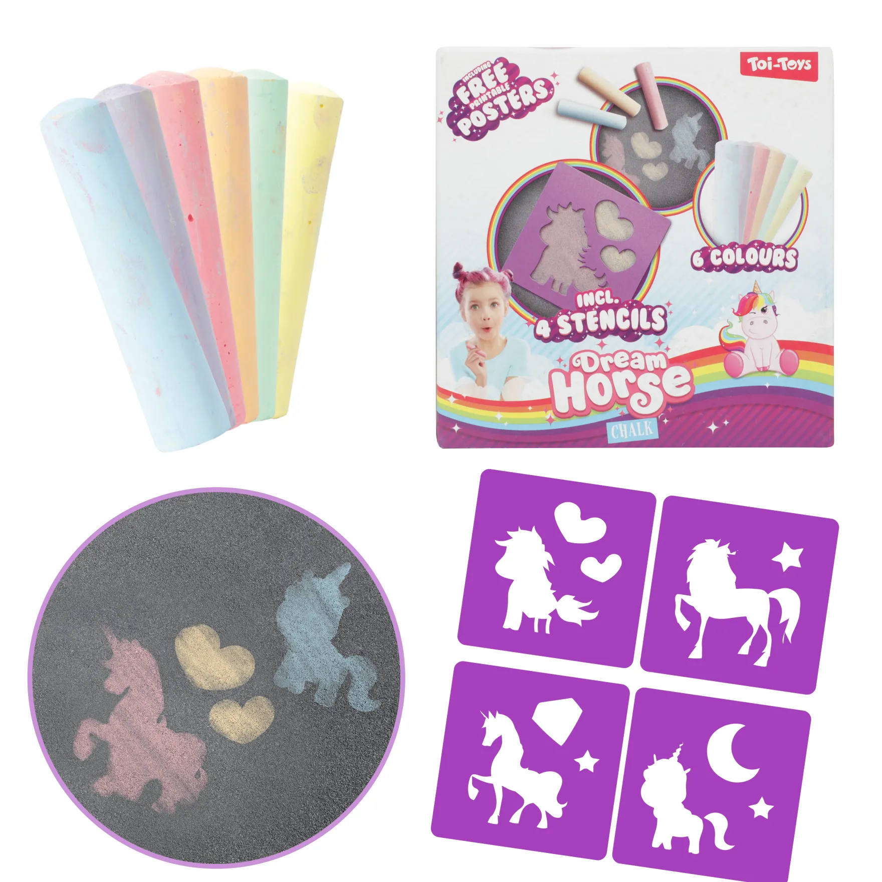 Stoepkrijt met 4 sjablonen eenhoorn